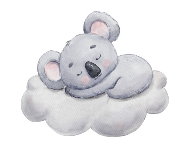 可爱的考拉在云上做梦。卡通手绘水彩插图。小动物图片下载