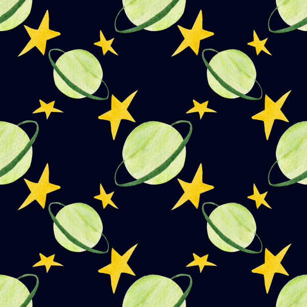 无缝水彩图案与黄色的星星，绿色的星球在黑暗的背景。图片下载