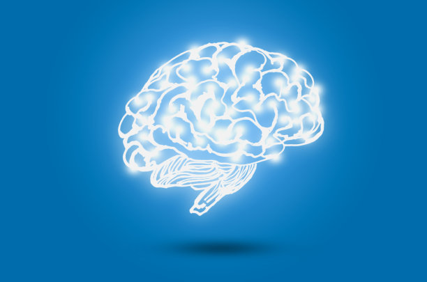 蓝色背景上白色发光的大脑图像。技术存储的概念和思路。图片下载