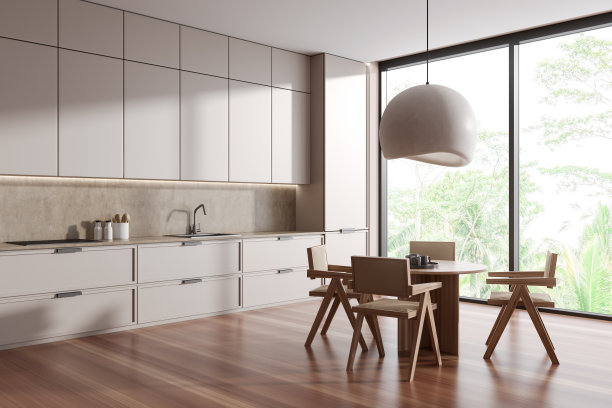 明亮的厨房室内角落视图与餐桌图片下载