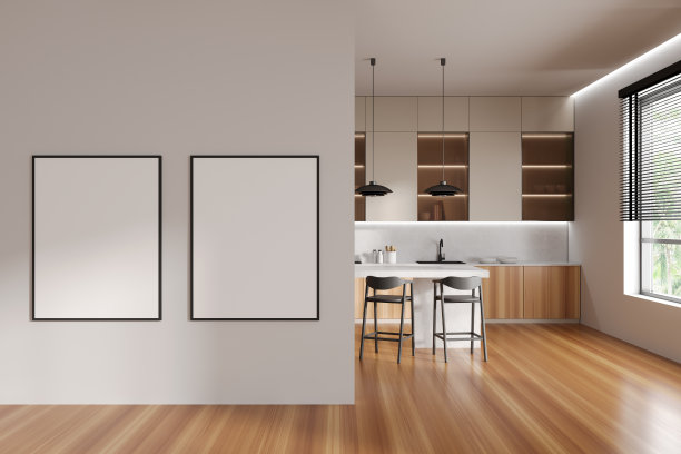 时尚的厨房内部，酒吧座椅和台面。模型框架图片下载