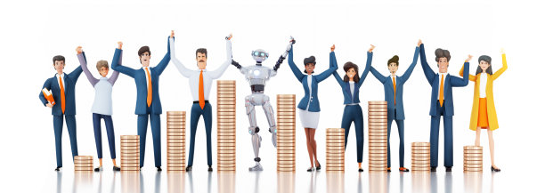 商务人士和机器人一起工作。IA在商业，引领AI技术理念。三维渲染图图片下载