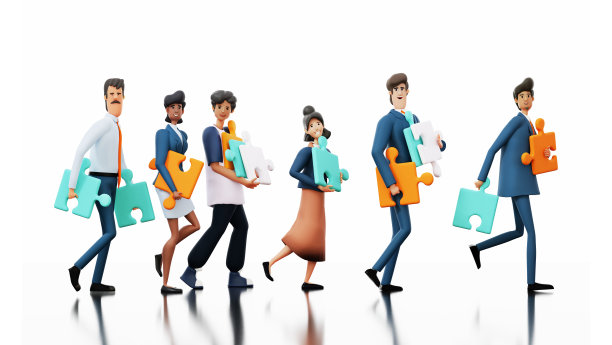 商务人士带着拼图行走。一起工作。三维渲染图图片下载