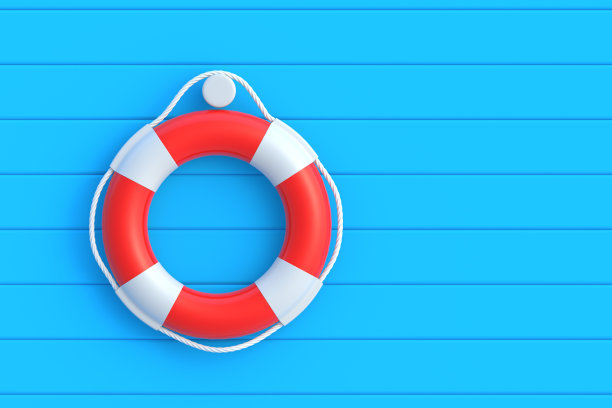 蓝色木墙上的救生圈。旅行或度假。夏季的概念。海上安全。海上救援。副本的空间。三维渲染图片下载