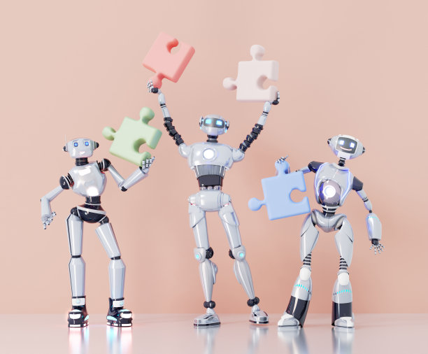 树机器人站在一起，举起拼图碎片，象征胜利和成功。三维渲染图图片下载