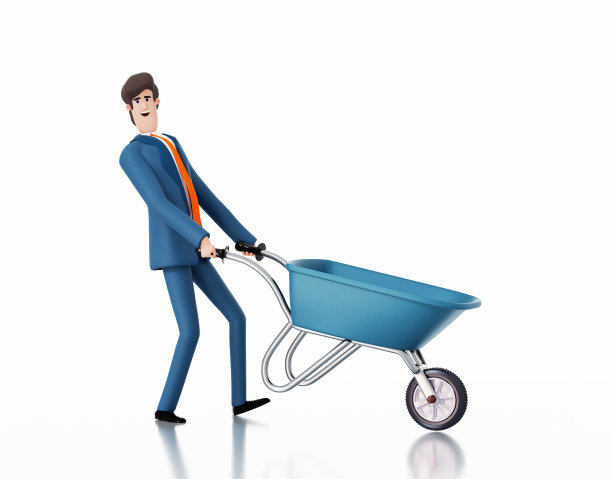 成功的商人推独轮车。三维渲染图图片下载