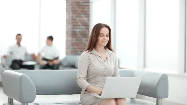 年轻的商业女性坐在沙发上，用笔记本电脑工作图片下载