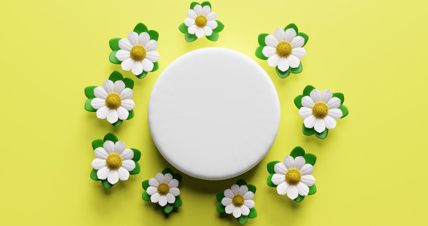 中间是一个白色的空圈，周围都是花。3 d渲染。图片下载