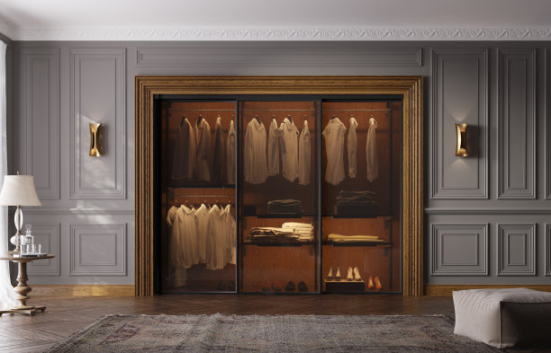 配有衣柜的豪华客厅，高档风格。新古典主义室内设计。三维演示图片下载