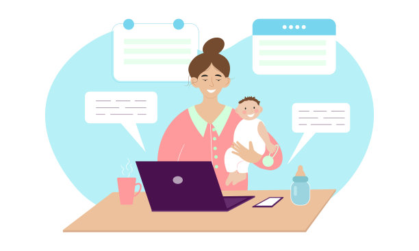 女性自由职业者在家工作，带着孩子。图片下载
