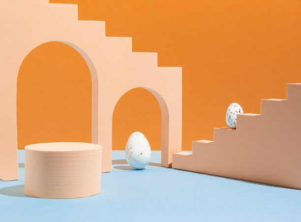 讲台，产品展示和复活节彩蛋。为品牌和节日包装展示的模型。最小食物概念。现代美学。图片下载