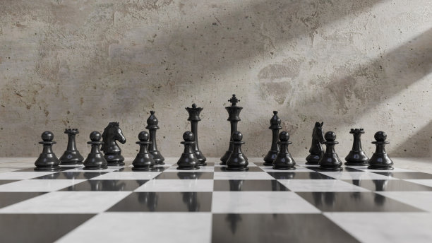 黑色棋子在一排背景。三维渲染图片下载