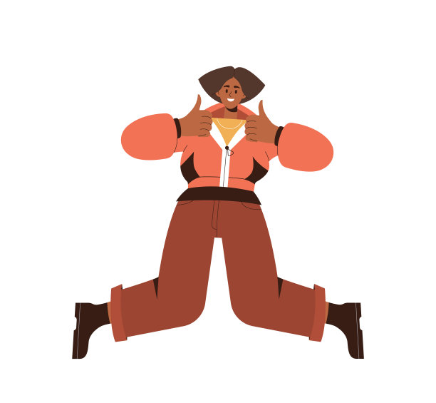 快乐微笑的年轻女子竖起大拇指在跳跃，人类积极的情感概念图片下载