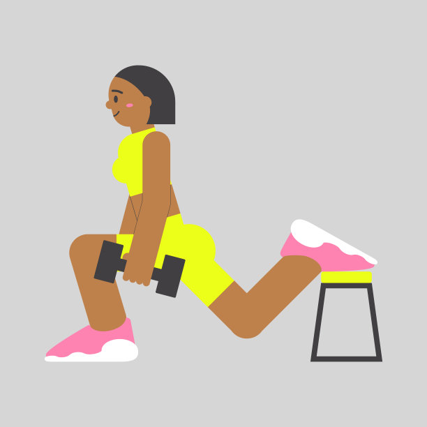 女子在健身房做保加利亚分裂深蹲锻炼。平面女性角色在臀部例行锻炼霓虹运动服。图片下载