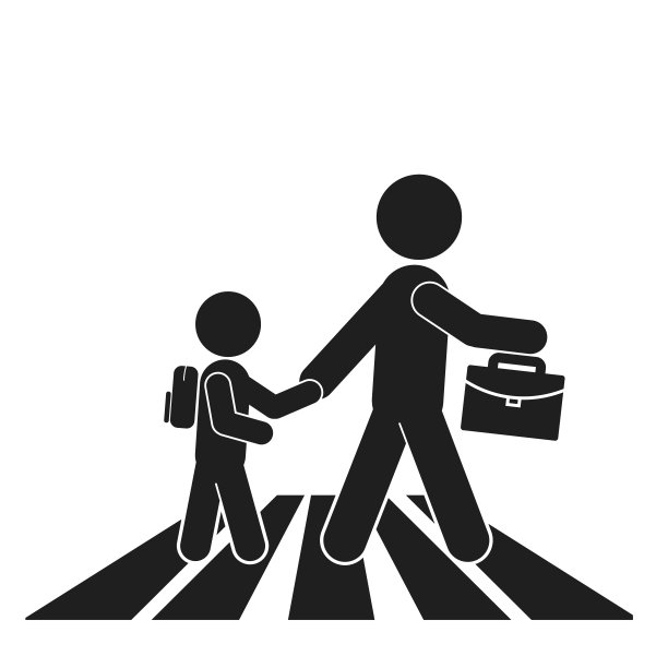 孤立矢量插图的男人或父亲抱着他的儿子或孩子的手，而行走的公文包和背包，一个行人过路标志模板图片下载