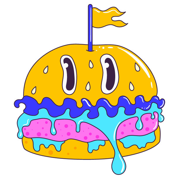 迷幻复古卡通汉堡人物。汉堡的现代贴纸。滑稽的面孔，扭曲的眼睛和充满活力的颜色。飘逸的质地。疯狂的矢量插图。图片下载