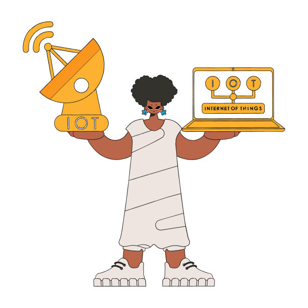 女孩带着笔记本电脑和卫星天线连接物联网设备。图片下载