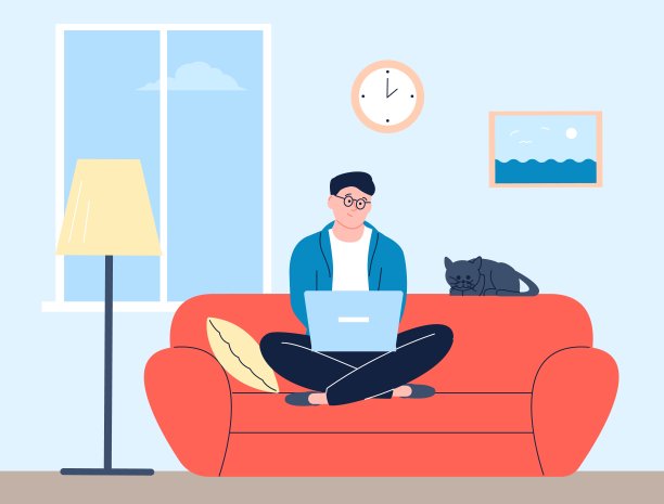 男人在家里用笔记本电脑工作，在房间里和猫坐在沙发上。自由概念，程序员或开发人员工作远程矢量场景图片下载