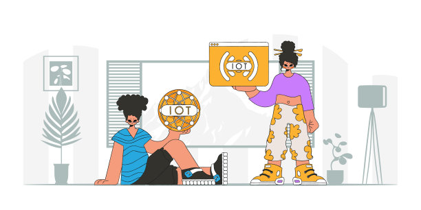 男孩和女孩在物联网行业合作，现代人物向量风格。图片下载
