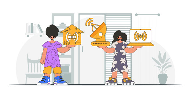 男孩和女孩在物联网行业形成了合作伙伴关系，就像通过现代矢量字符风格看到的那样。图片下载