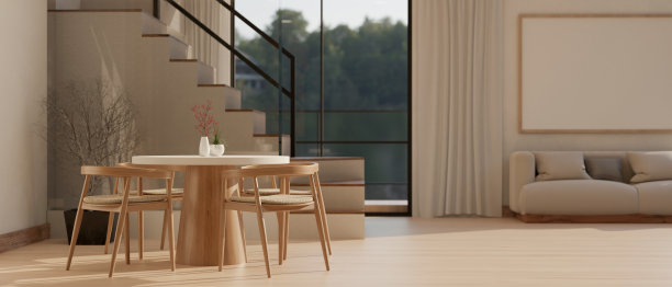美丽简约的斯堪的纳维亚用餐空间在宽敞的客厅室内设计与餐桌图片下载