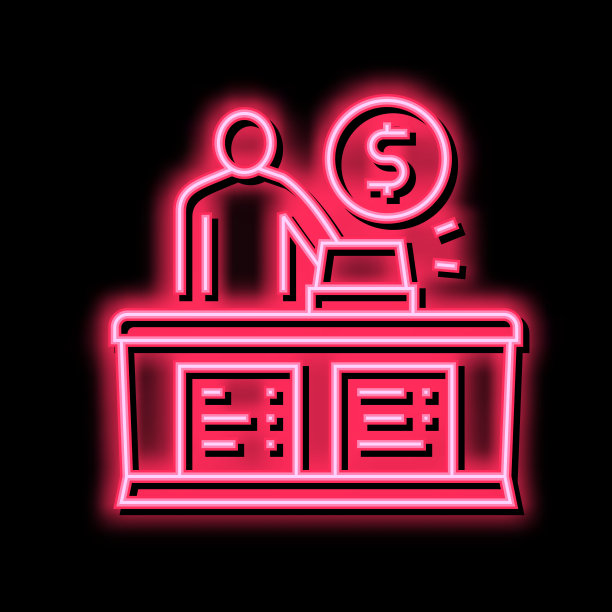 收银卖家在柜台霓虹灯发光图标说明图片下载