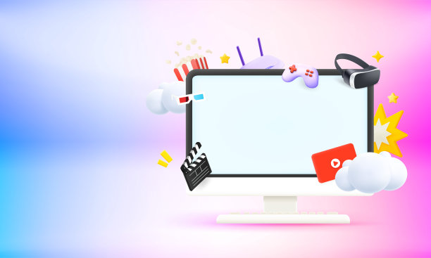 带有视频娱乐元素和空白屏幕的电脑显示器。带有复制空间的3d矢量横幅图片下载