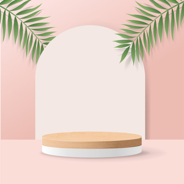 木质讲台，粉色背景和棕榈叶图片下载
