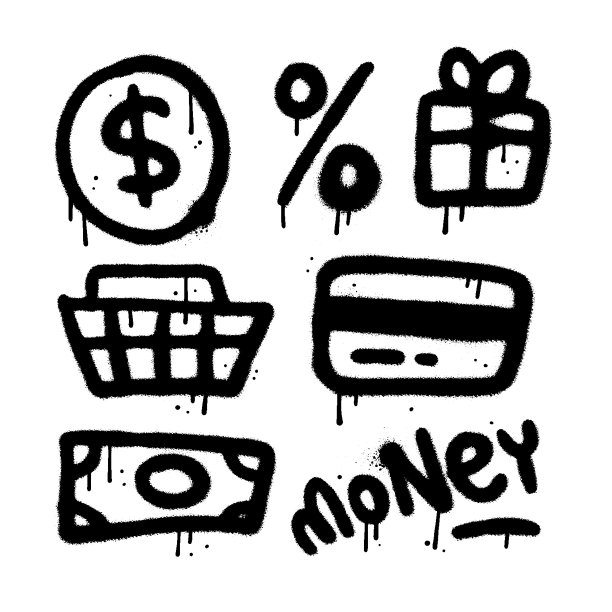 在城市涂鸦风格中喷涂金钱符号。纹理手绘排版插图。所有元素都是隔离的。图片下载