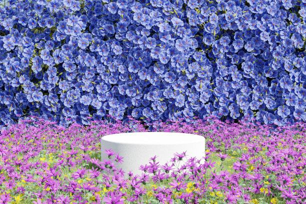 摘要三维渲染春天的场景和自然的讲台背景，白色的石头讲台上的粉红色的花草田，背景紫色的花墙为产品展示广告，化妆品等图片下载