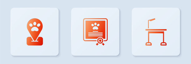 设置狗或猫证书，位置宠物美容和宠物桌。白色方形按钮。向量图片下载