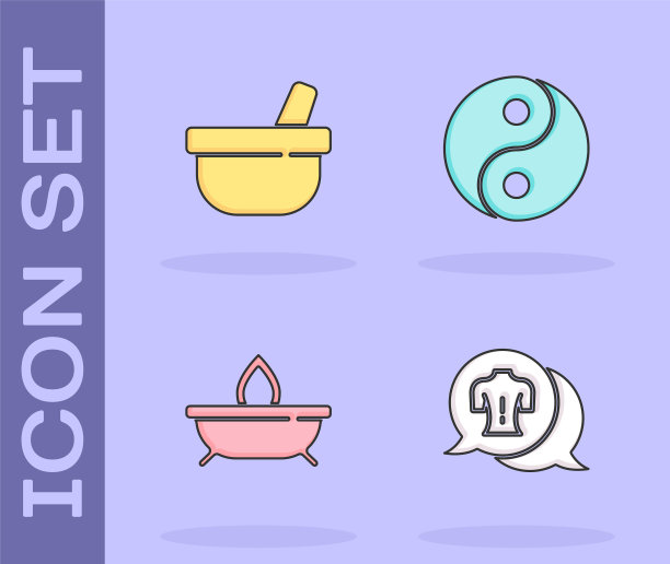 设置按摩，研钵和杵，香薰蜡烛和阴阳图标。向量图片下载