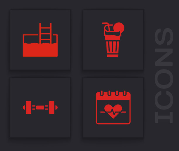 设置心率，游泳池与梯子，新鲜的冰沙和哑铃图标。向量图片下载