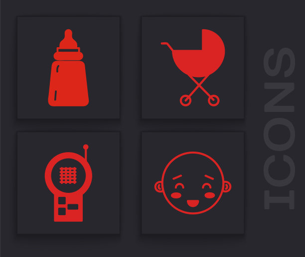 设置快乐的小男孩头，婴儿奶瓶，婴儿推车和婴儿监视器对讲机图标。向量图片下载