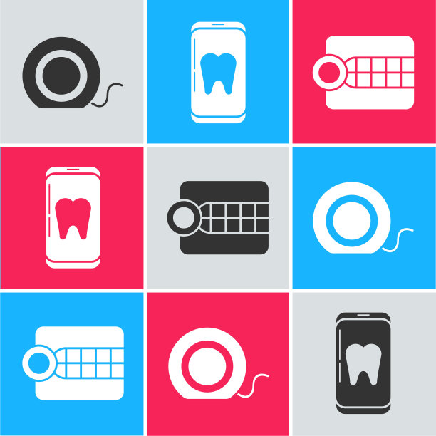 设置牙线，在线牙科护理和假牙模型图标。向量图片下载