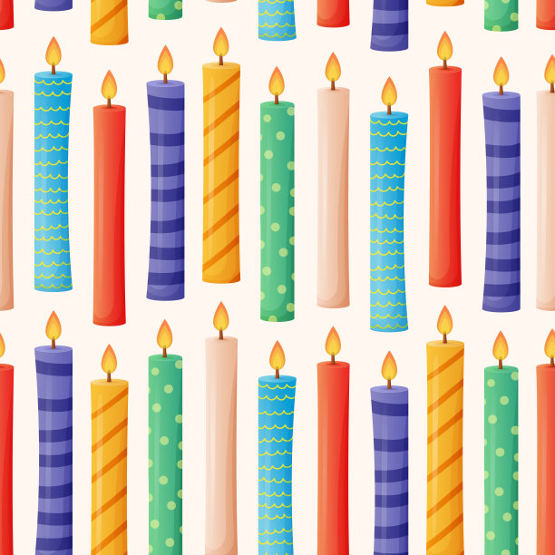 一套多色的节日蜡烛与火焰。矢量卡通无缝模式。图片下载