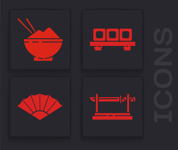 设置传统的日本武士刀，米饭盛在碗里，筷子，寿司放在砧板上，纸中国或日本折扇图标。向量图片下载