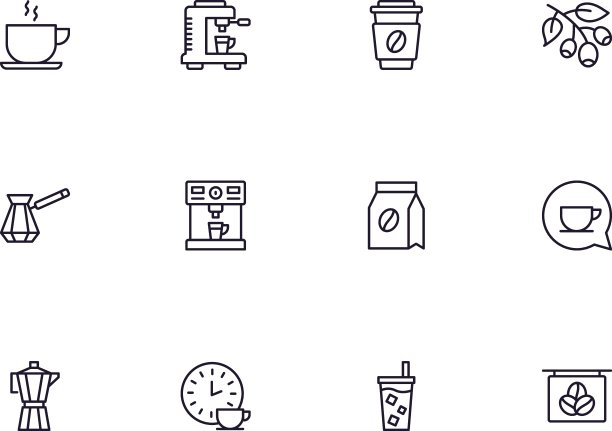 咖啡的概念。咖啡线图标设置。收集矢量标志在时尚的平面风格的网站，互联网商店和商店，书籍和传单。优质图标隔离在白色背景上图片下载