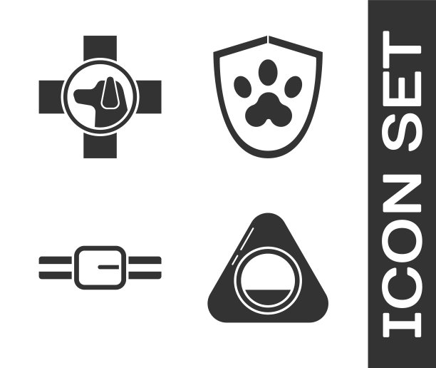 设置宠物床，兽医诊所标志，带名牌的项圈和动物健康保险图标。向量图片下载