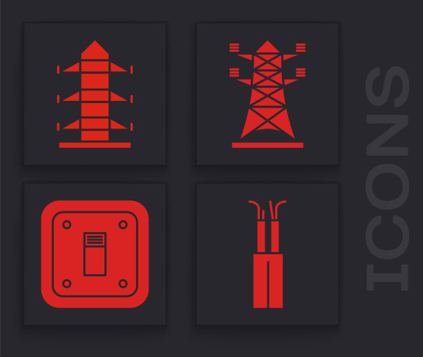 设置电缆、高压电线杆线、高压电线杆线和电灯开关图标。向量图片下载