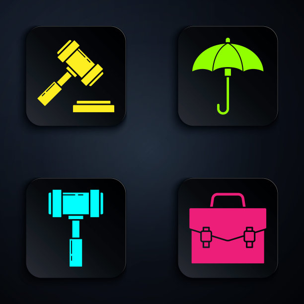 设置公文包，裁判木槌，裁判木槌和雨伞。黑色方形按钮。向量图片下载