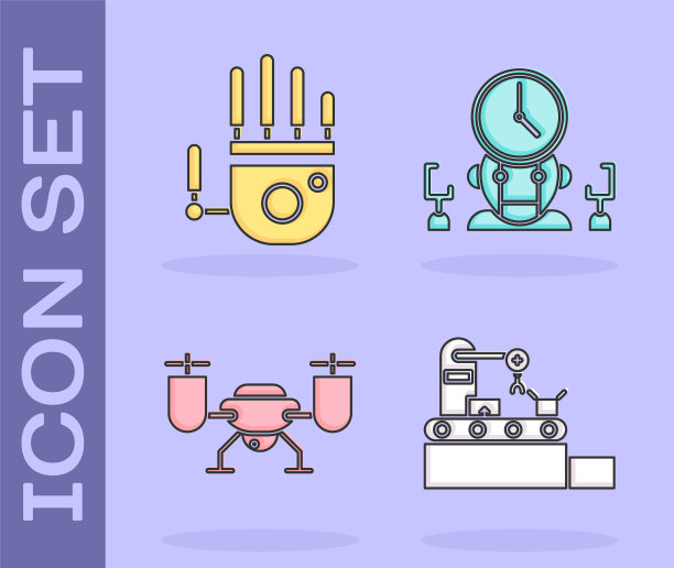 集工厂输送系统皮带，机械机械手，无人机飞行与动作相机和机器人和数字时间管理器图标。向量图片下载