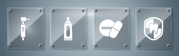 备有牙套、药片、牙膏、牙钻。方形玻璃面板。向量图片下载