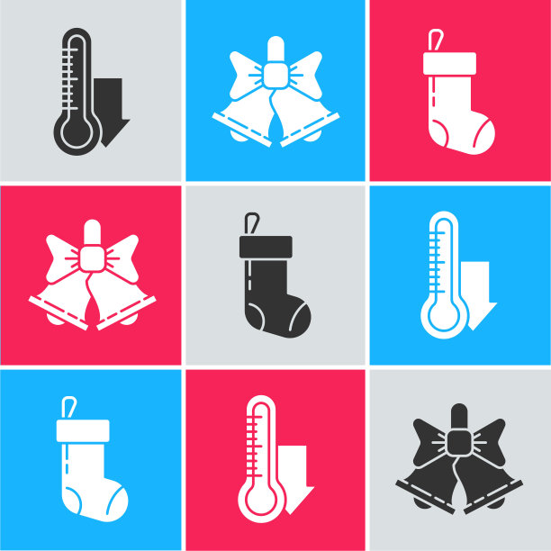 气象温度计测量，圣诞节响铃和圣诞袜图标矢量素材图片下载