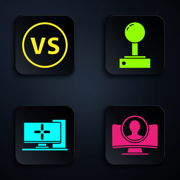 设置创建帐户屏幕，VS对战，电脑显示器和街机摇杆。黑色方形按钮。向量图片下载