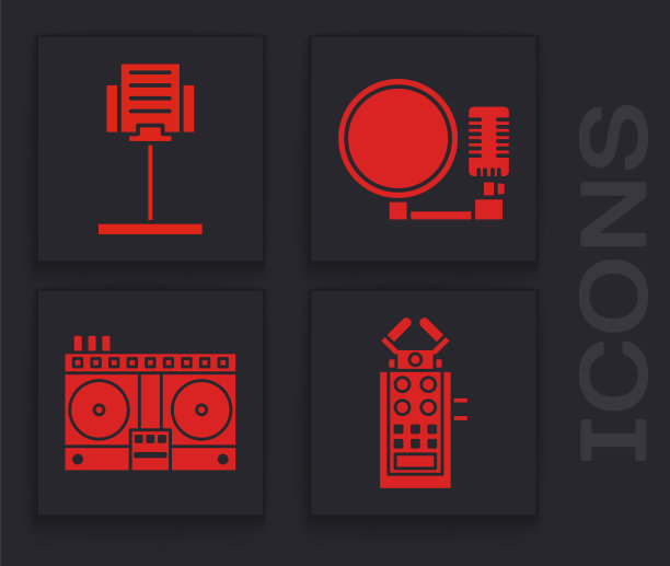 设置麦克风，音乐架，麦克风和DJ遥控器播放和混合音乐图标。向量图片下载