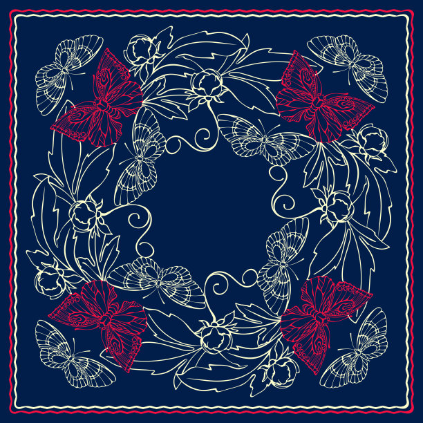 方形图案，有蝴蝶和花朵。围巾的模式。大手帕。向量。图片下载