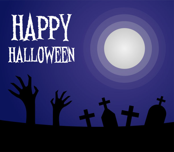 万圣节快乐墓地和月亮在深蓝色背景图片下载