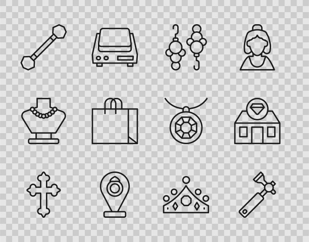 集线基督教十字架，珠宝商卢佩，耳环，珠宝店，穿刺，购物袋珠宝，国王王冠和图标。向量图片下载