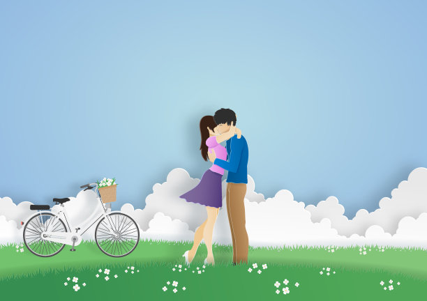 恋人在草地上拥抱，背景是云和自行车。折纸，情人节，纸艺术。图片下载
